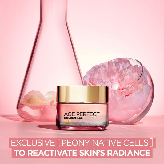 L’Oréal Paris Age Perfect Golden Age Glowy Fortifying Rosy SPF 20 Day Cream 50+, Moisturise and Reactivates Radiance with UV Protection, Peony Native Cells, Calcium and Vitamin B3, 50ml