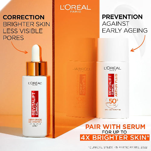 L'Oréal Paris Revitalift Clinical 12% Pure Vitamin C Brightening Serum for Face, Powerful Antioxidant Protection, Brighter & Smoother Skin, includes Hyaluronic Acid, Salicylic Acid, Vitamin C